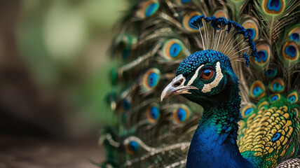 Obraz premium A male peacock showing its beauty up close