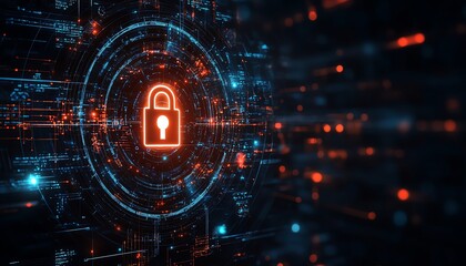 Futuristic digital handshake with a lock symbol, glowing encryption elements on a dark background, symbolizing the future of cybersecurity and secure connections