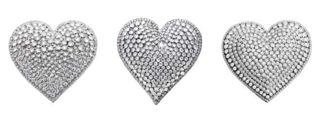 Set of silver hearts with diamond accents on a transparent background