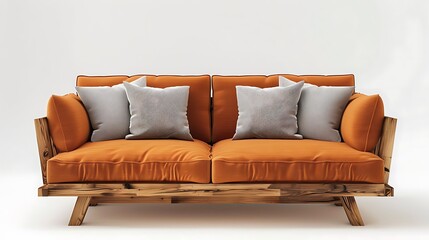 Fototapeta premium Mid-century modern sofa with wooden accents, displayed on a white background.