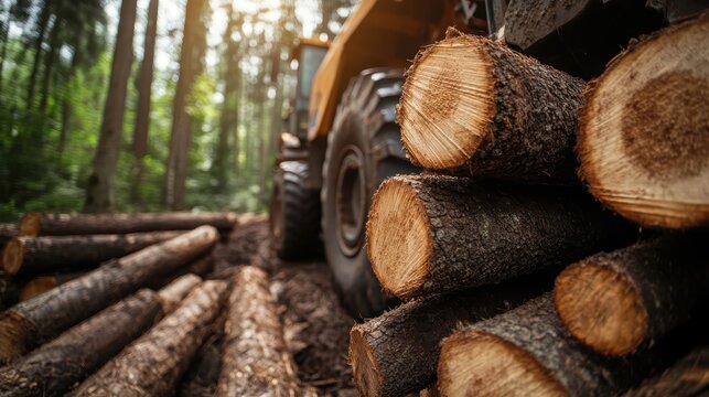 A sunlit logging truck stands amidst piles of cut wood in the forest, highlighting the process and impact of timber harvesting in natural environments.