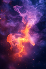 A soft, smoky blend of violet and orange neon colors, with wisps of light dancing across a deep, dark background, creating a harmonious glow