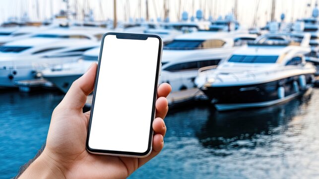 Smartphone held by a woman against a stunning yacht marina at sunset - Powered by Adobe