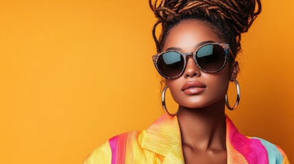 Fototapeta premium A model showcases a striking updo hairstyle while donning a multicolored outfit and bold sunglasses against a bright backdrop, exuding modern fashion aesthetics.