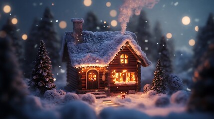 Fototapeta premium Cozy winter home with smoke rising softly from the chimney and a glowing festive Christmas tree inside