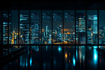 Night cityscape view from modern office with digital data overlay on windows.