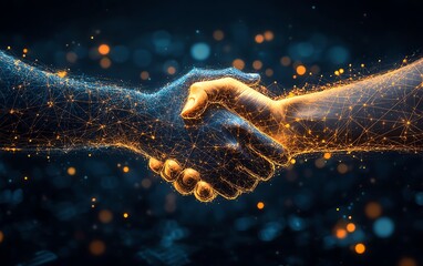 Two hands shaking, one digital and one human, surrounded by a glowing padlock symbol and tech elements, representing cybersecurity in digital partnerships