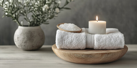 Relaxing Spa Essentials with White Towels, Candle, and Bath Salts