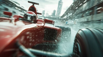 An intense scene showing a red racing car driving through rain-soaked streets with skyscrapers in the background, creating a sense of speed and momentum.