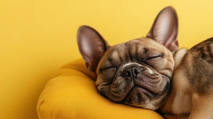 Fototapeta na wymiar Adorable French bulldog comfortably asleep on a soft yellow cushion, exuding calmness and relaxation, against a bright yellow background, highlighting its cuteness.