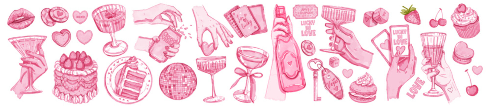 Valentine day coquettish illustration set, vector watercolor bachelorette girl party, vintage cake. Woman hand martini glass, sparkling wine, alcohol cocktail drinks, sweet food. Valentine day print