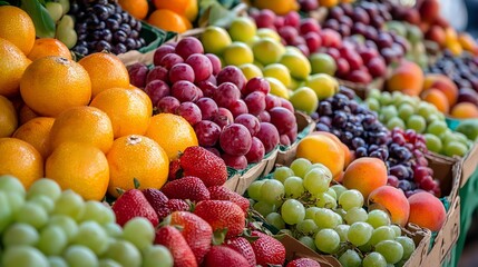 A fruit stand at a market with a variety of fresh produce including oranges, pineapples, grapes and...