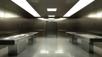 Funeral home preparation room (medical mortuary), subdued lighting, stainless steel tables, discreet and respectful scene