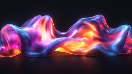 A vibrant, bold holographic blob, isolated on a deep black canvas. The wavy, melted form exudes a radiant glow, capturing light in a dynamic, fluid motion