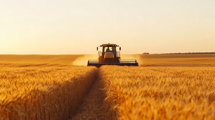 Fototapeta premium Farmer Driving Combine Harvester Through Golden Wheat Field at Sunset