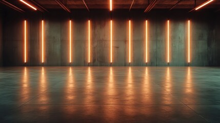 A spacious industrial-style room featuring vertical orange light bars on a textured wall, casting reflective light on the polished, metallic floor.
