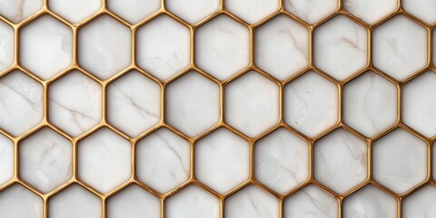 A stylish hexagonal tile pattern featuring gold outlines on a white marble background, perfect for modern interiors.