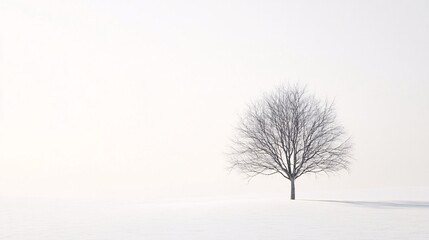 Bare tree standing alone in a snowy field during winter