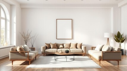 A minimalist living room with a spacious feel featuring a mockup wall art, simplicity, mockup