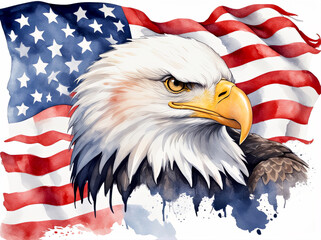 A patriotic illustration featuring a majestic bald eagle against a waving American flag, painted in a colorful watercolor style with artistic splashes.  

