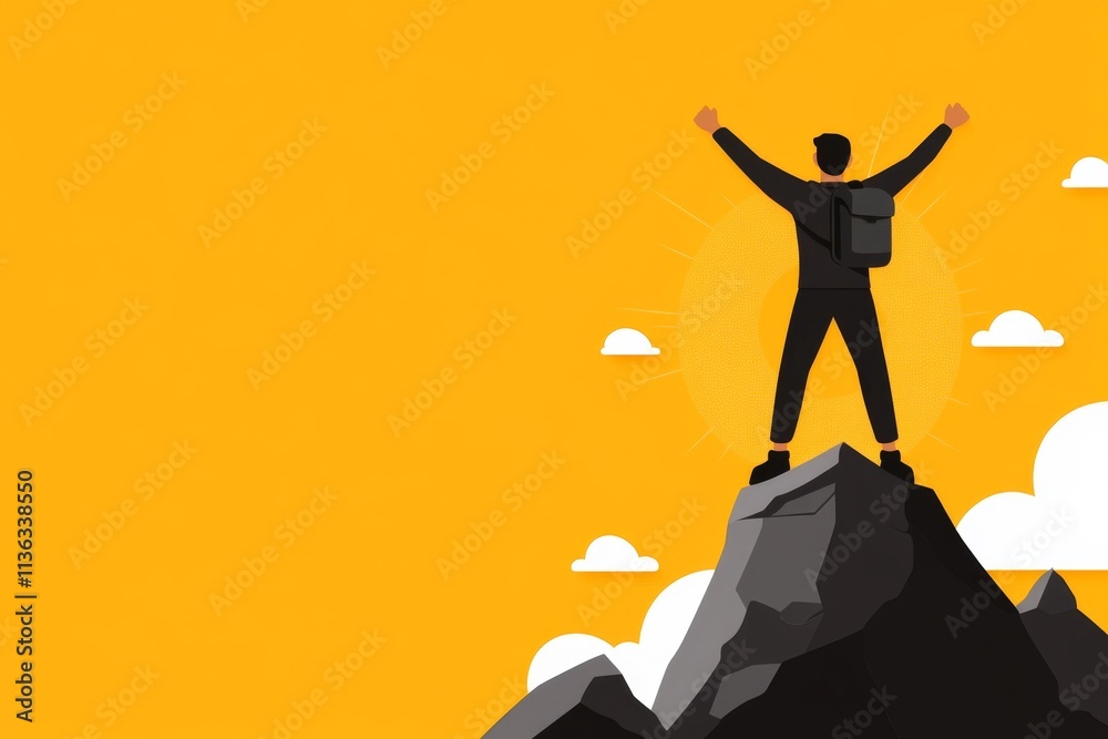 Poster a bold icon of a person standing on a peak with arms raised, representing achievement and life exper