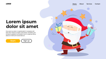 Dancing Santa landing page design. Santa dancing and holding gift boxes. Christmas, holiday, festival can be used for website or banner design