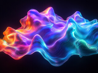 Obraz premium A vivid, holographic blob, its liquid shape undulating with wavy patterns. The substance glows with iridescent colors, appearing to melt into the black background