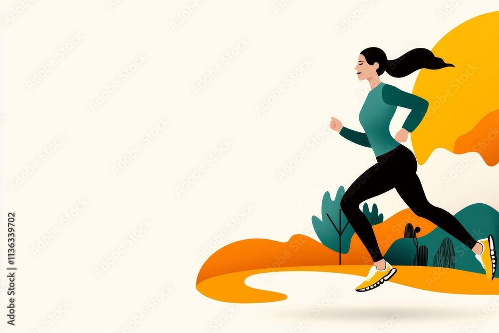 Poster a clean, flat design of a woman running, with a simple, curved line representing a path and soft pas
