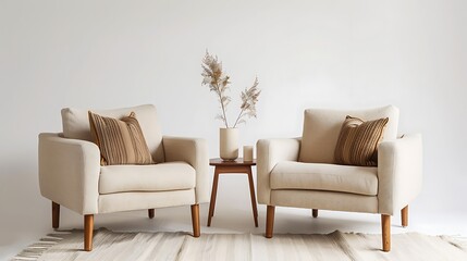 Fototapeta premium Pair of Scandinavian-style armchairs with neutral throw pillows, placed symmetrically on white.