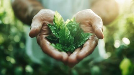 An intimate photo of hands cupping fresh, vibrant green leaves, capturing a sense of care and connection with nature in a serene and hopeful setting.