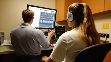 Hearing aid fitting center: audiologist adjusting hearing devices, patient testing sounds in a quiet room
