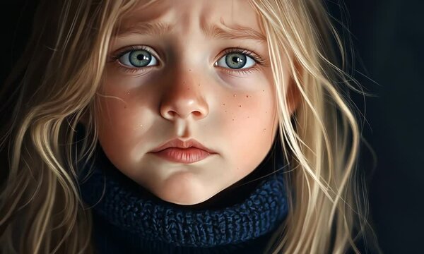 6 year old girl, beautiful blonde with light eyes with a sad expression, she is crying and throwing a tantrum