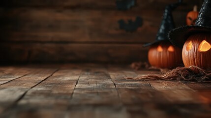 A pair of carved pumpkins wearing black witch hats sit upon a wooden floor, emulating an eerie yet charming Halloween scene.