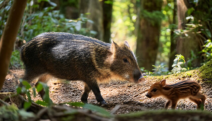 Adventurous Baby Peccary Trailing Its Mother Through Forest Wilds