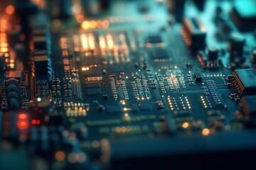 Fototapeta premium A close-up of a colorful, illuminated circuit board captures the intricacies of modern technology and complexity.