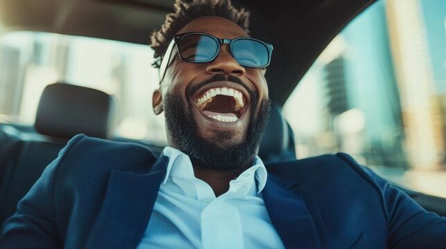 A delighted man with sunglasses agrees with happiness as he drives confidently through a bustling cityscape, symbolizing modern freedom and dynamic urban life.