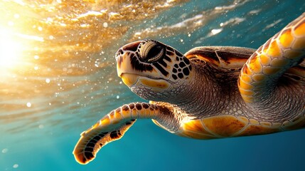 Obraz premium Sea Turtle Emerging Near Sunlit Water Surface