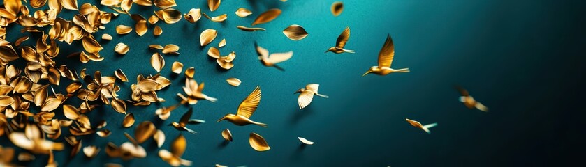 Obraz premium An ethereal scene featuring golden, shimmering butterflies floating against a serene turquoise background.