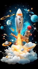 Rocket Launch into Space with Planets and Stars