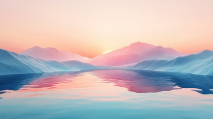 Fototapeta premium Serene Pastel Watercolor Landscape with Majestic Mountains Reflecting in Tranquil Lake at Sunset