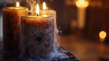 Spooky candles create an eerie atmosphere during a Halloween celebration at night