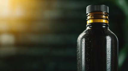 A black bottle with condensation is highlighted against a deep background, conveying a sense of freshness and intrigue, often associated with beverages.