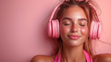 Fototapeta premium Peaceful Woman Listening to Music with Pink Headphones