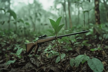 A rifle partially buried in lush, damp foliage, epitomizing the balance between nature's resilience and the remnants of human presence.