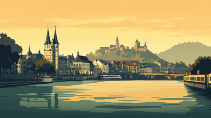 Illustration, Cityscape of Koblenz at the Moselle and Rine, Germany, touristic advertisement poster. Must-see touristic spot ,Mockup for touristic poster, advertisement. Beautiful travel destination, 