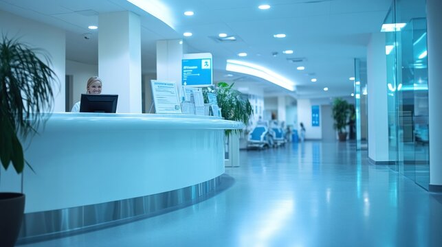 Modern hospital reception area with a friendly staff member at the desk, signage directing patients to various departments