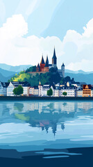 Obraz premium Illustration, Cityscape of Koblenz at the Moselle and Rine, Germany, touristic advertisement poster. Must-see touristic spot ,Mockup for touristic poster, advertisement. Beautiful travel destination, 