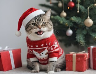 cat and christmas tree