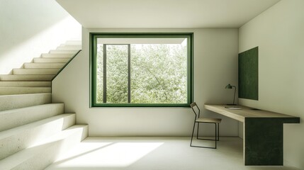 Fototapeta premium Minimalist home office with stairs and window.