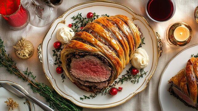 Beef wellington for a New Year&Atilde;&cent;&acirc;&sbquo;&not;&acirc;&bdquo;&cent;s Eve party with elegant d&Atilde;&fnof;&Acirc;&copy;cor, sophisticated holiday dinner
